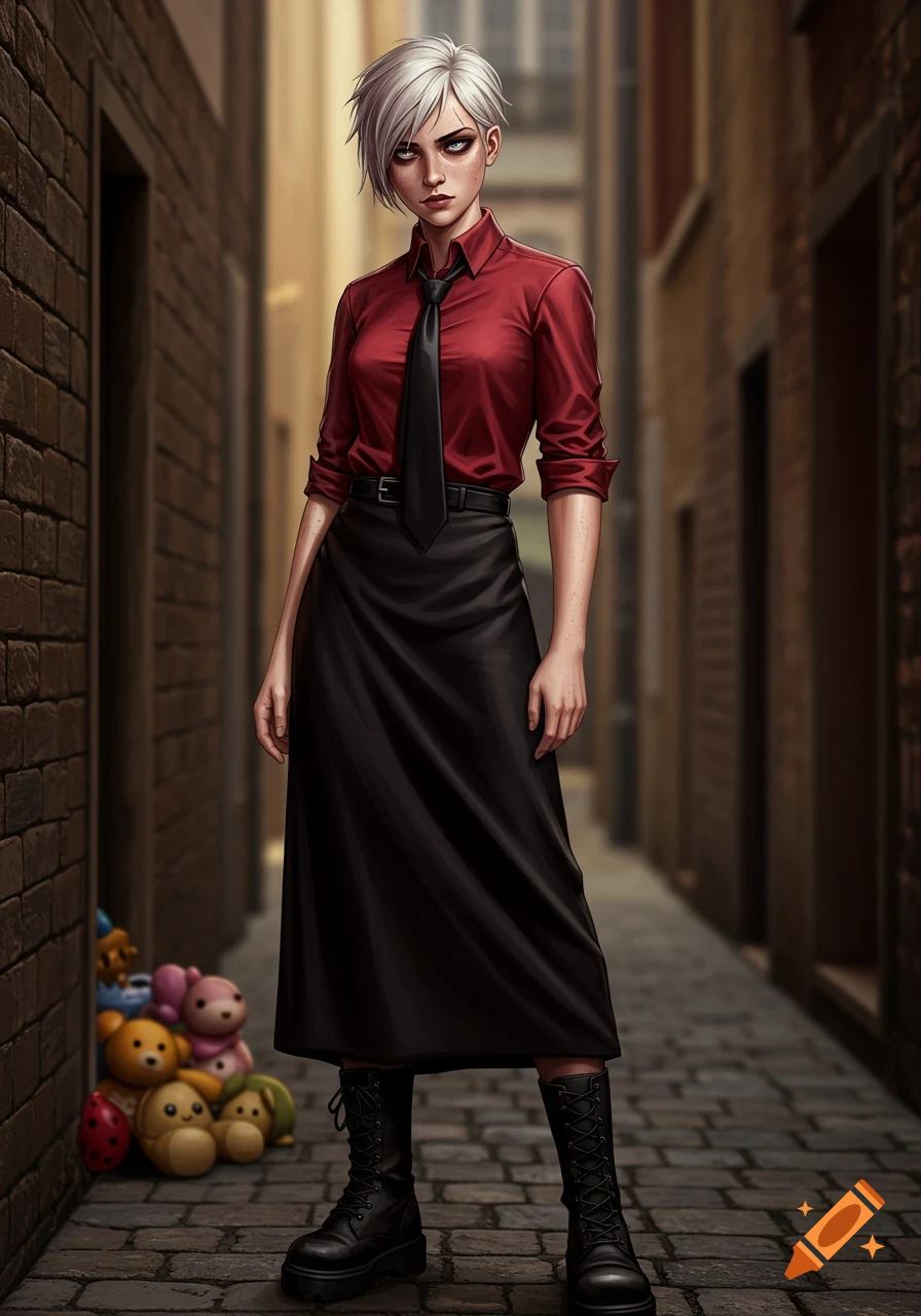A girl with short white hair and a red shirt, black tie, long black skirt, and boots stands in a narrow brick alleyway, with plush toys visible on the left.
