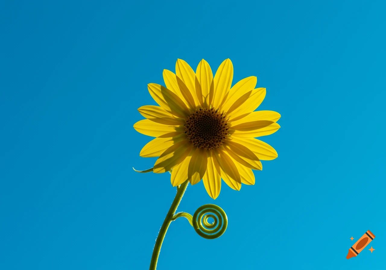 A vibrant yellow flower with a spiraling green stem against a clear blue sky.