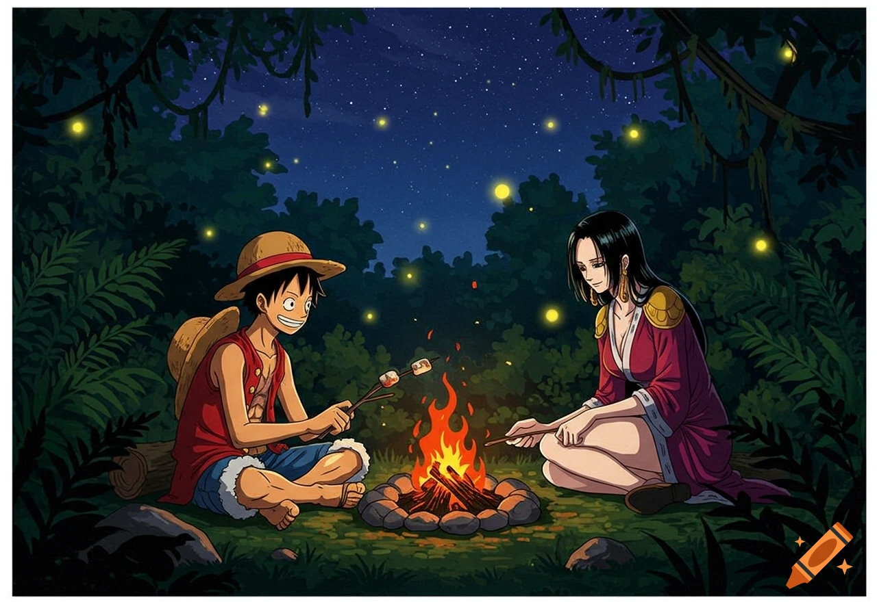 Anime characters Luffy and Hancock roast marshmallows over a campfire in a dark forest with fireflies and stars.