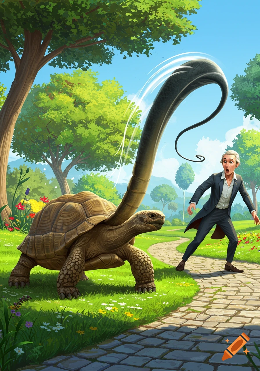A startled man recoils from a giant tortoise with a long, whip-like tail on a sunny park path in a cartoon illustration.