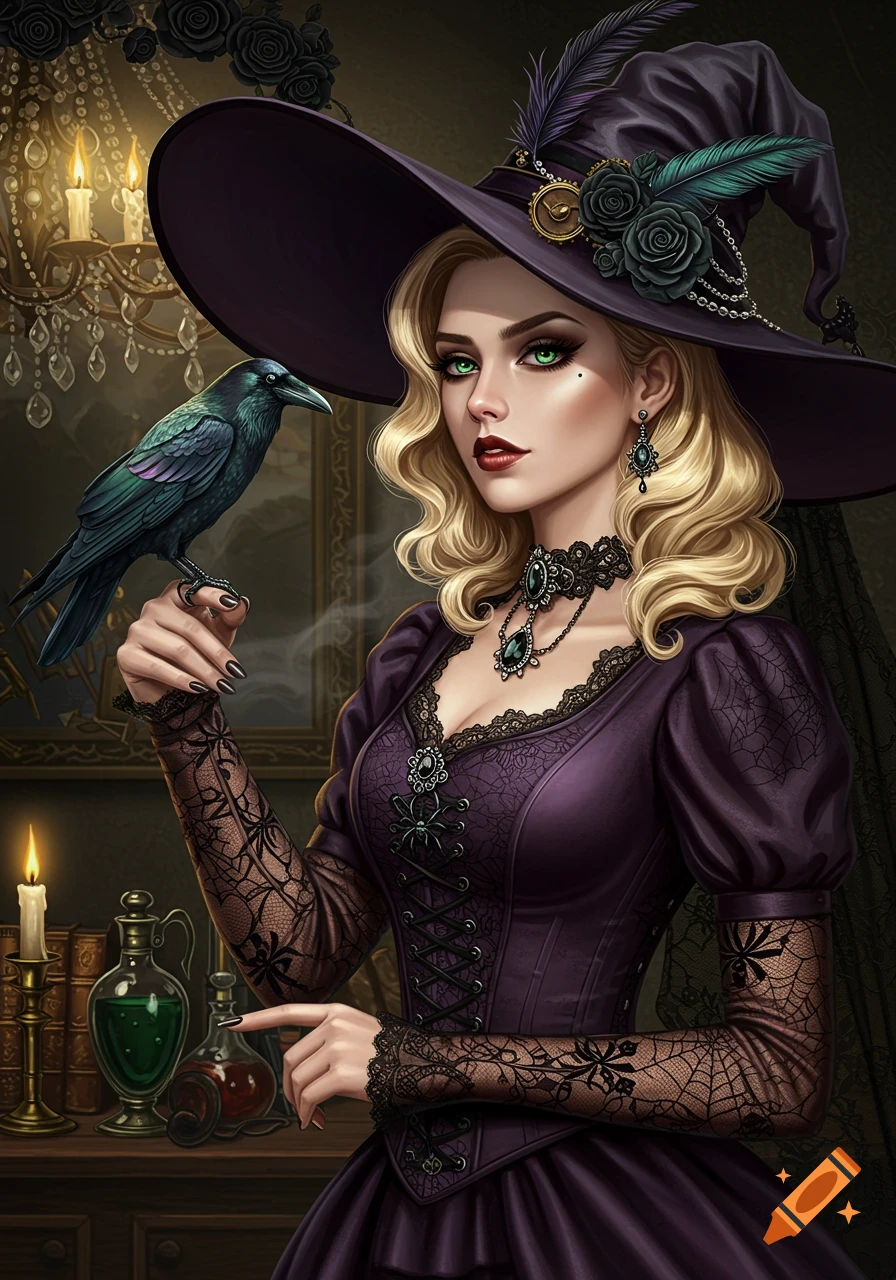 Illustrated portrait of a blonde witch with green eyes, wearing a purple dress and witch hat, holding a raven in a gothic, candlelit room.