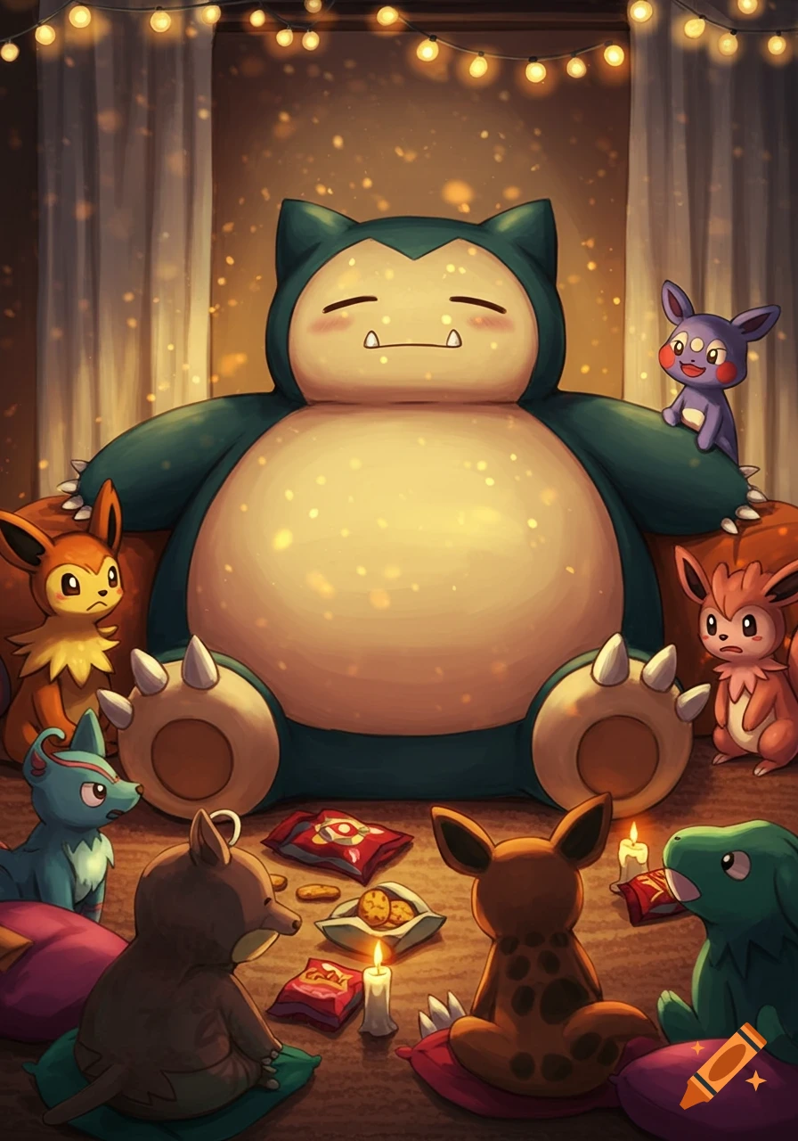 A giant Snorlax sits among several smaller Pokemon, including Eevee-like creatures, around candles and snacks in a warm, dimly lit room with fairy lights.