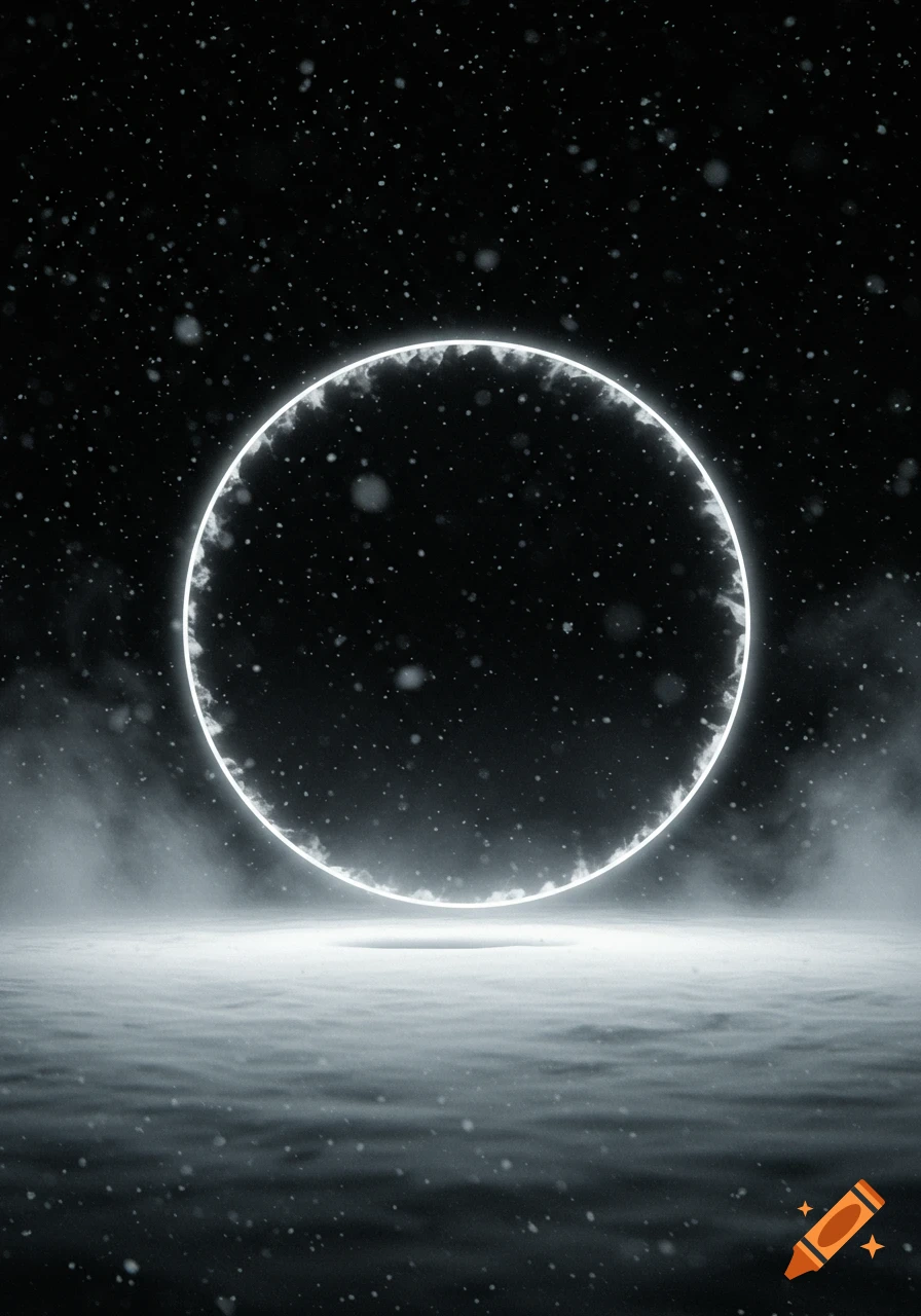 A bright glowing white circle hovers above a misty, snowy ground under a dark, starry sky with falling particles.
