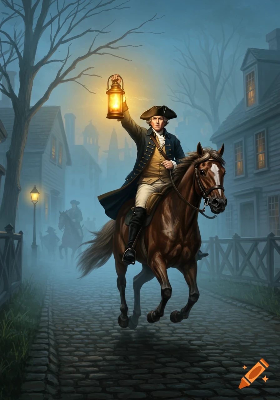 A detailed illustration of a man in colonial attire riding a horse through a misty cobblestone street at night, holding a glowing lantern aloft.