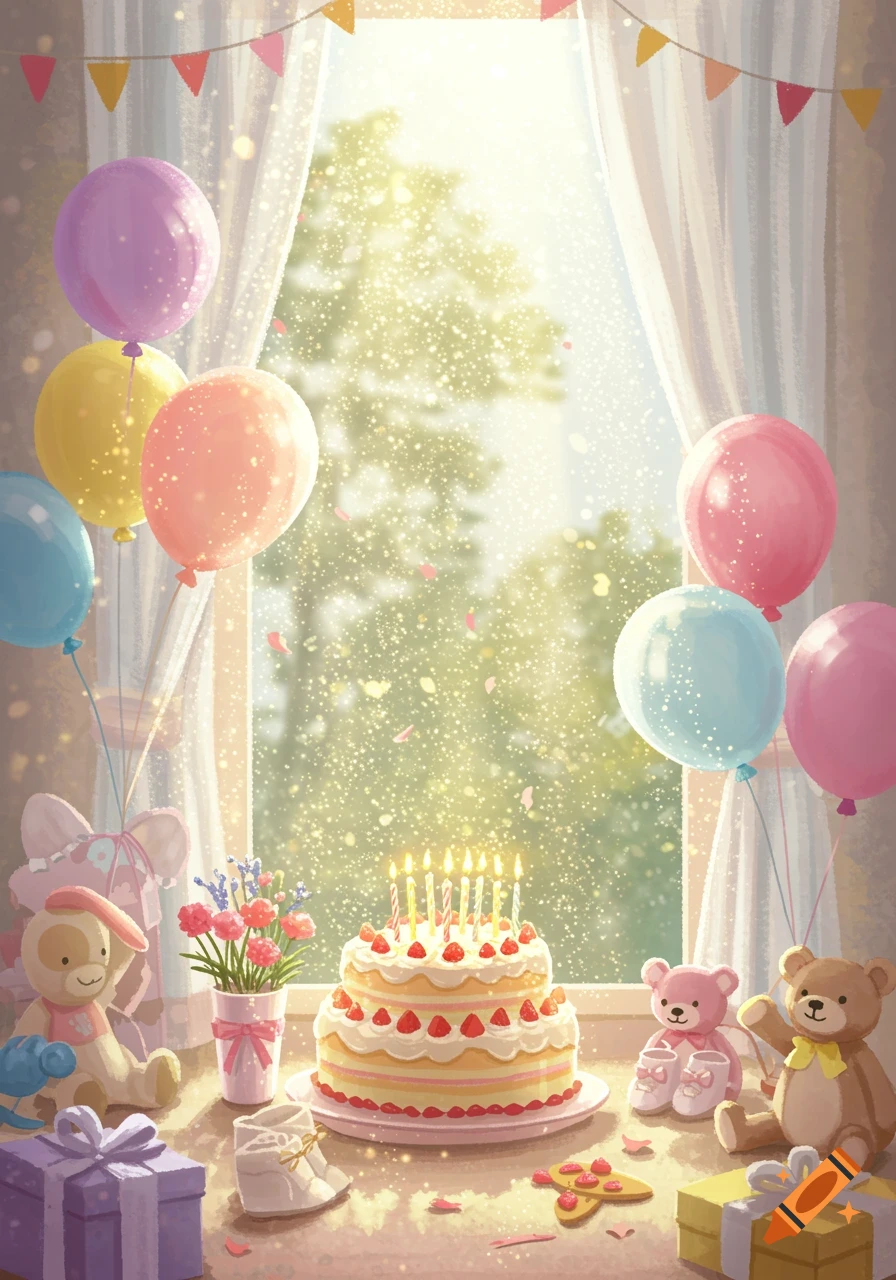 A celebratory scene with a two-tier birthday cake, lit candles, colorful balloons, presents, and teddy bears by a bright window.