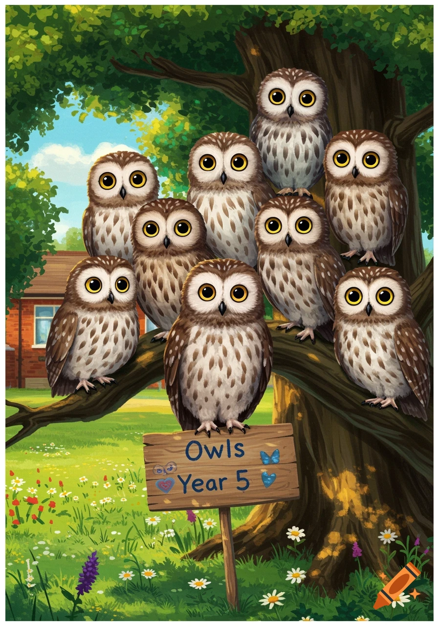 A whimsical cartoon illustration shows a group of brown and white owls perched on tree branches, with a wooden sign reading 'Owls Year 5'.