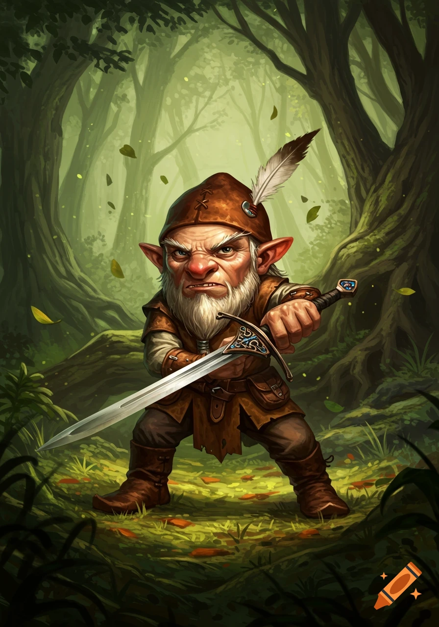 A grumpy, bearded gnome warrior with a feathered hat holds a sword in a detailed fantasy forest illustration.