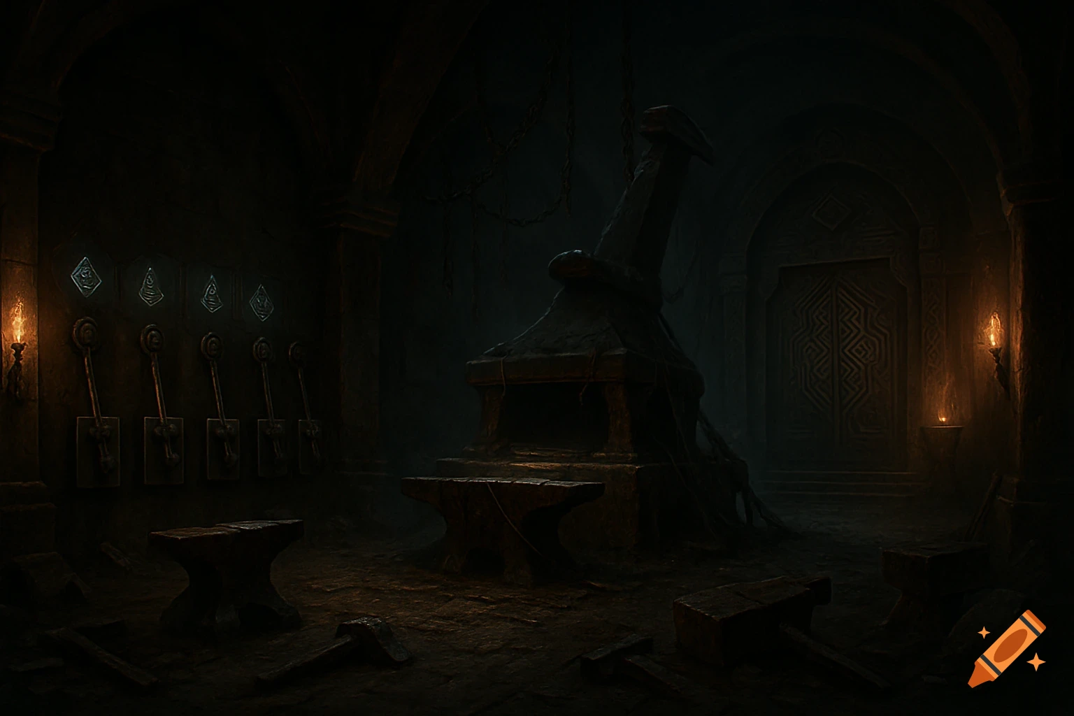 A dark, atmospheric image of an abandoned dwarven forge with anvils, broken tools, glowing runes above levers, and a large engraved stone door.