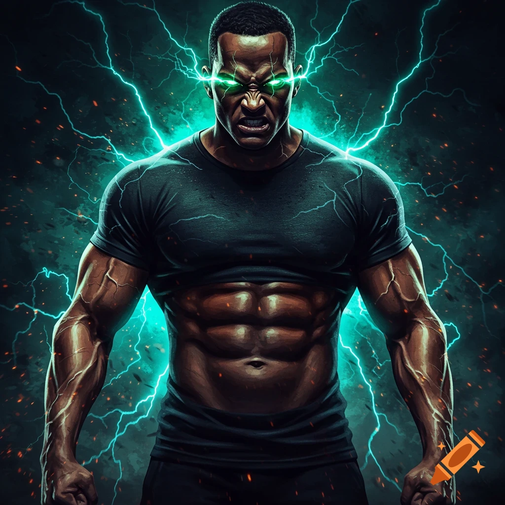 A muscular, angry man with glowing green eyes and crackling blue electricity around him, wearing a black t-shirt.