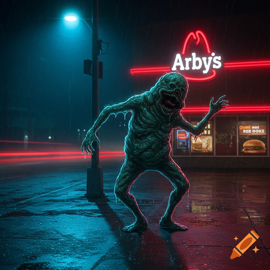 A grotesque, green, slimy monster with a large, toothy mouth stands on a wet sidewalk in the rain at night, in front of a neon-lit Arby's restaurant.