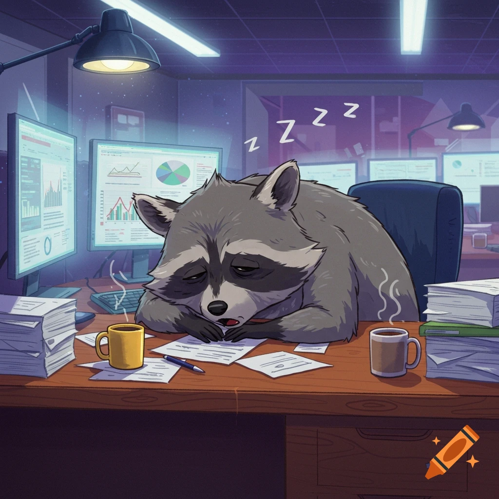 A tired cartoon raccoon sleeps face down on an office desk covered in papers and computer monitors at night.