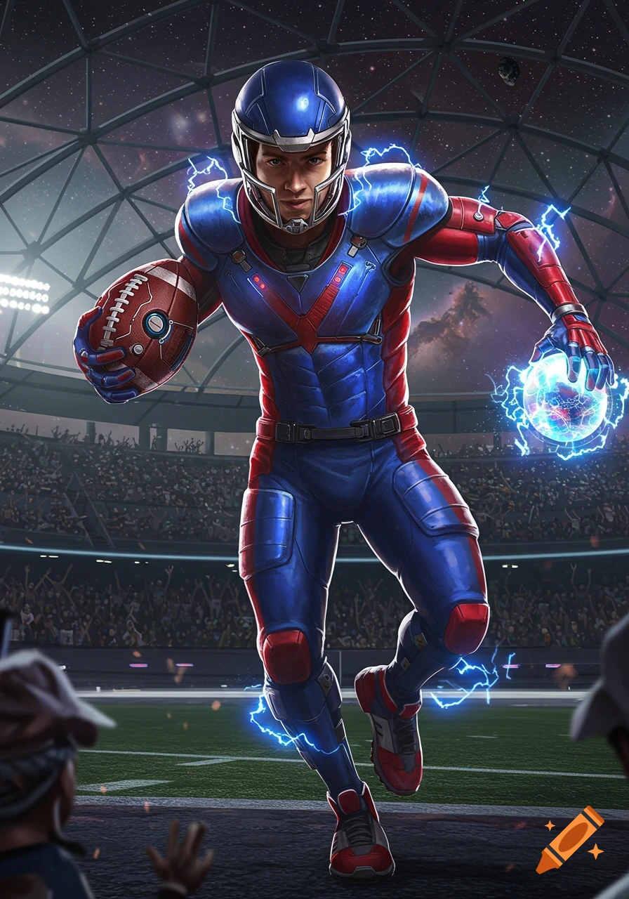 A futuristic football player in a blue and red suit runs, holding a high-tech football and glowing energy, in a stadium under a starry dome.