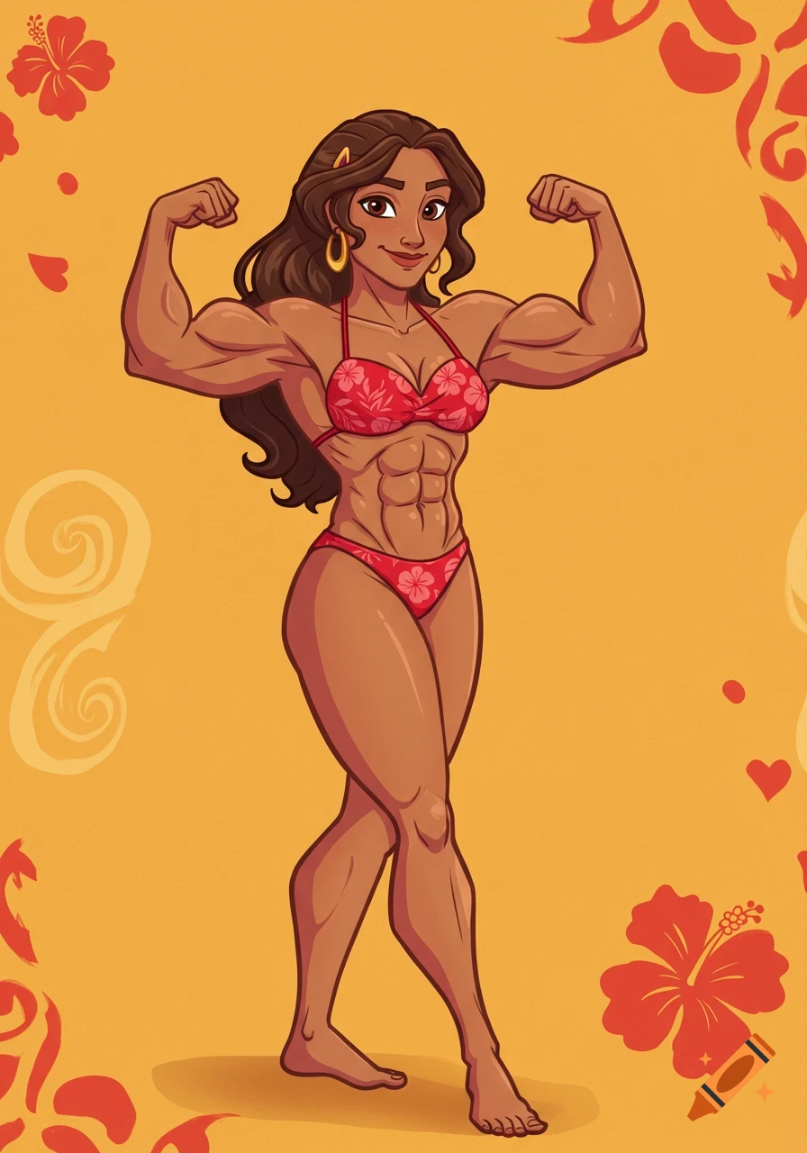 A cartoon muscular woman with long brown hair, wearing a red floral bikini, flexing her biceps against an orange background with hibiscus flowers.