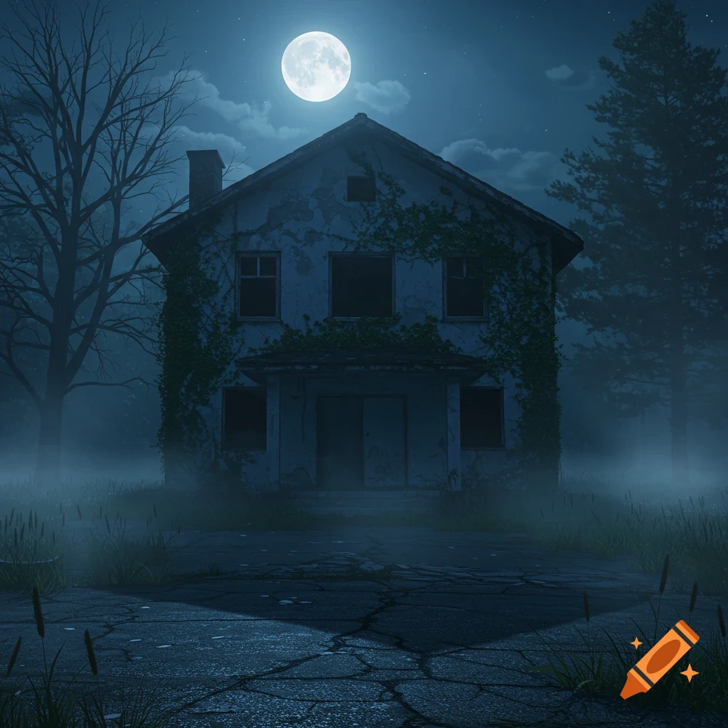 An abandoned, vine-covered house at midnight under a full moon, surrounded by fog and bare trees, photorealistic.