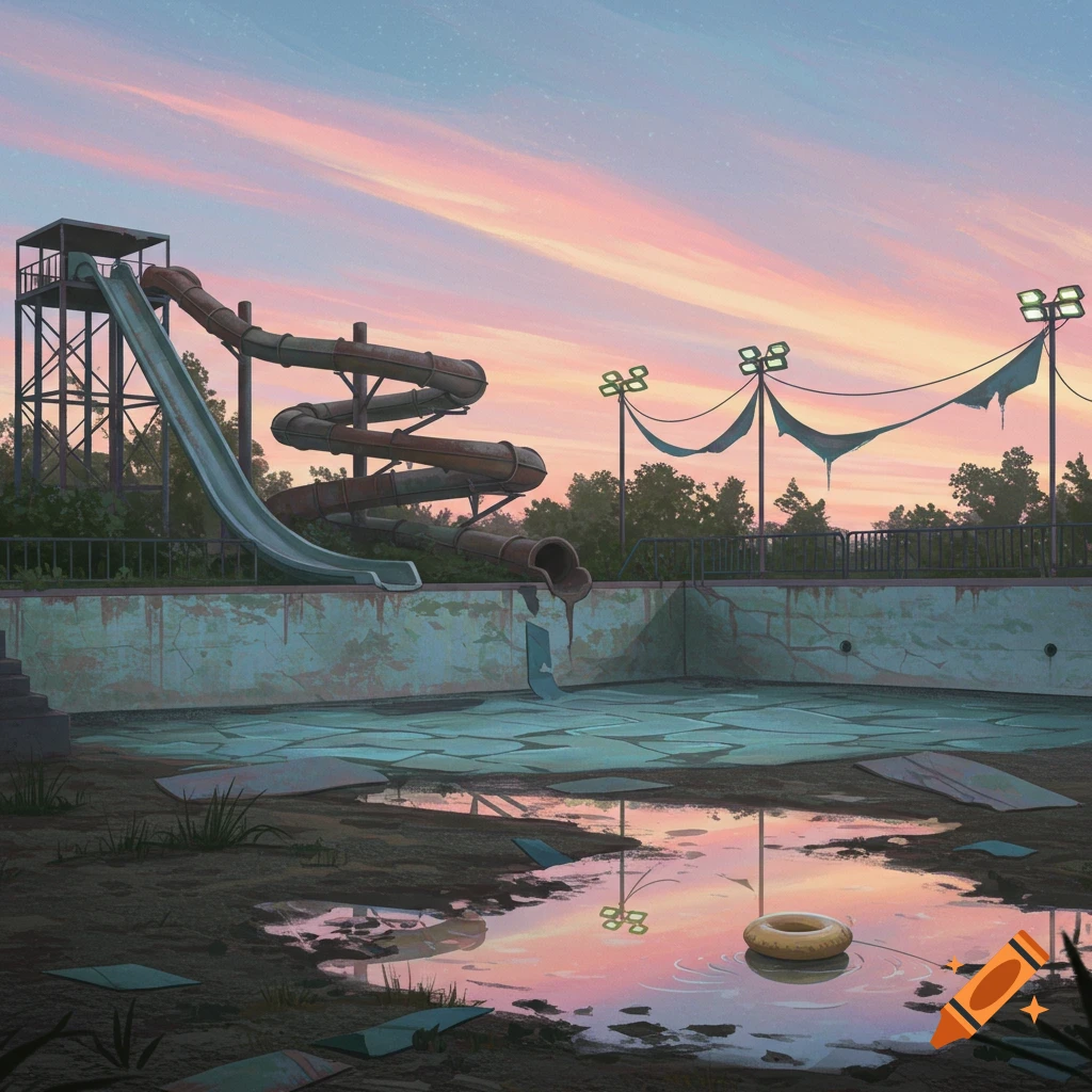 An abandoned water park at sunset with rusty water slides, a dilapidated empty pool, and a single yellow inner tube in a puddle, in a liminal space art style.