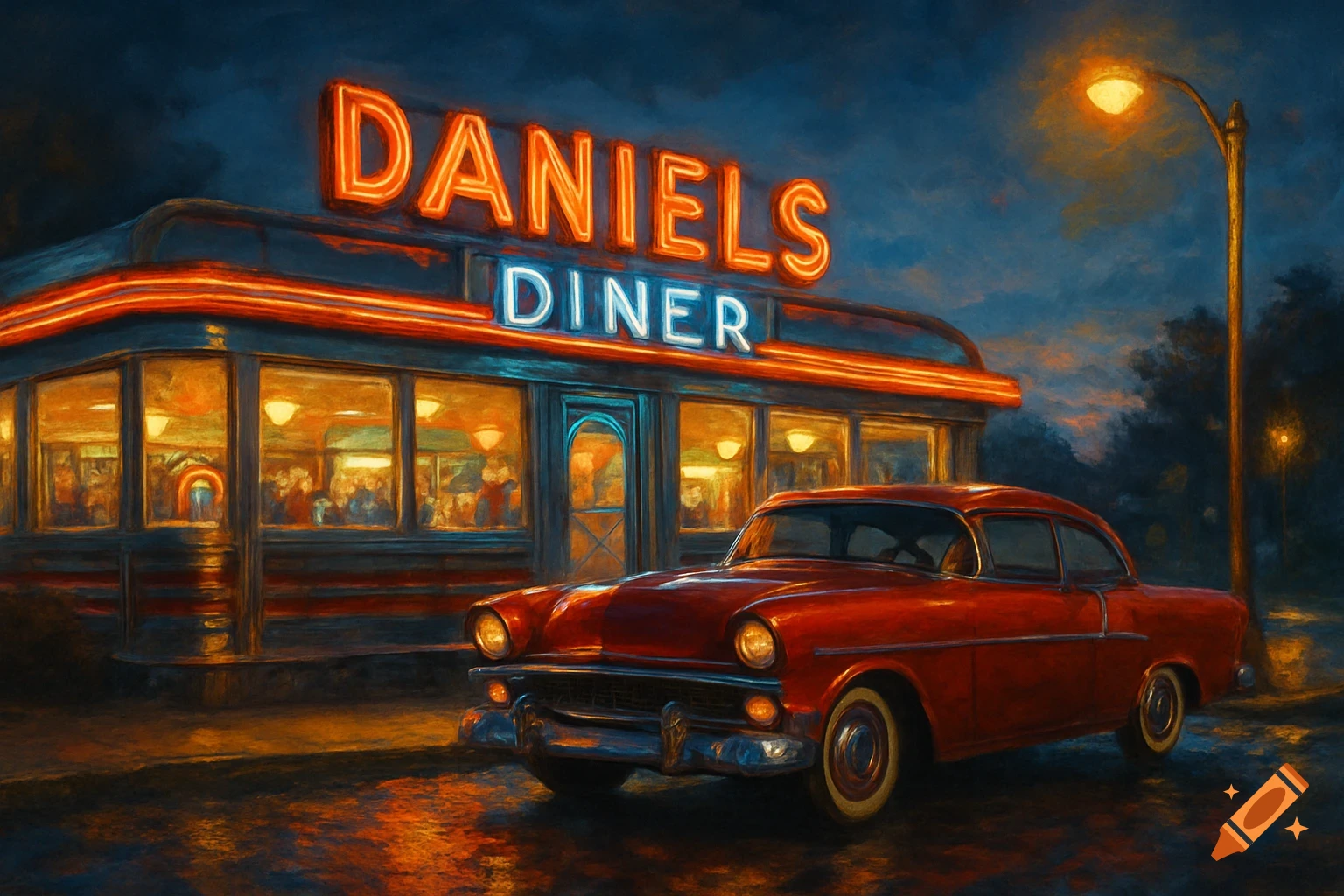Red classic car parked in front of a neon-lit 'DANIELS DINER' at night, in a painterly style.