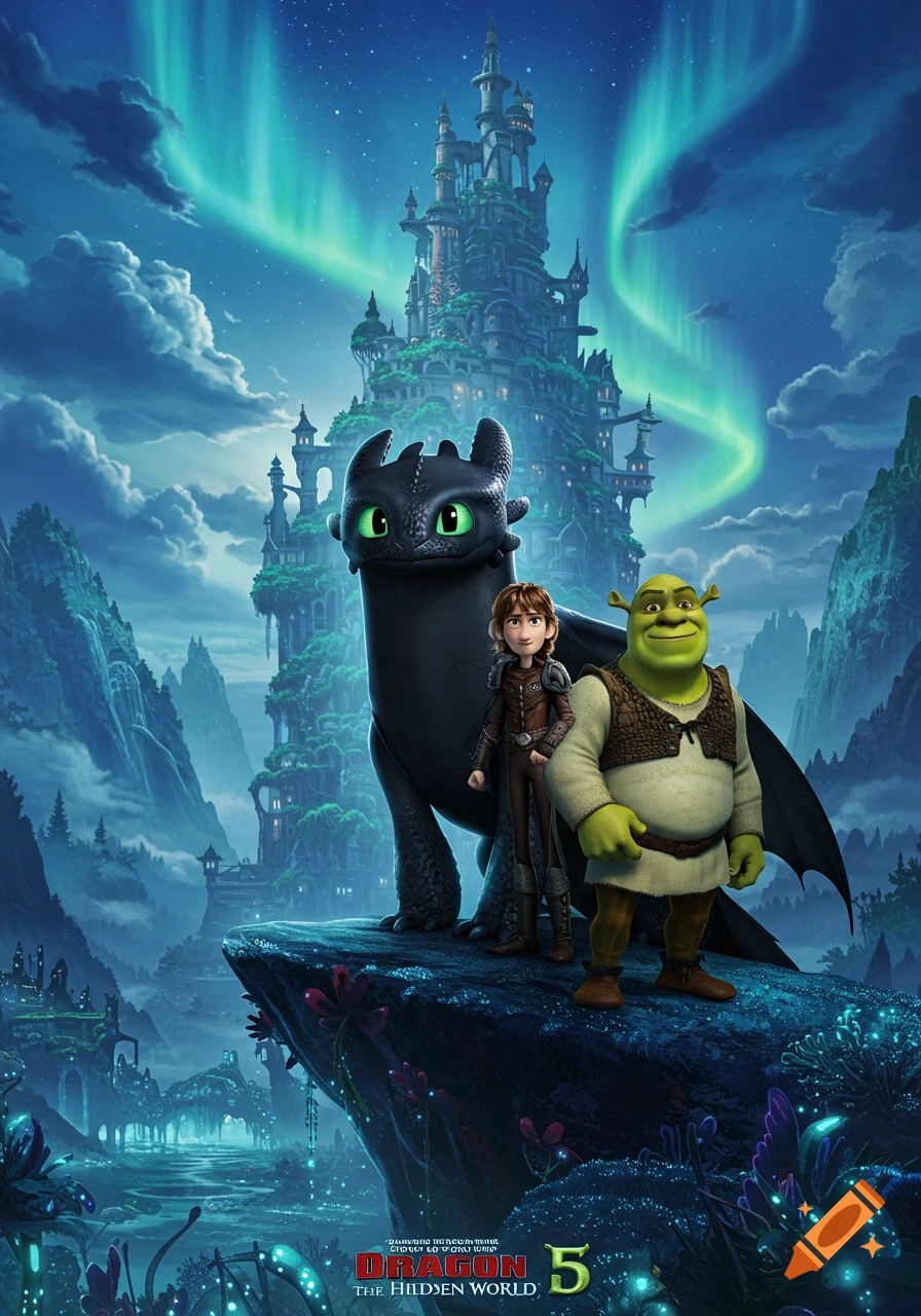 Toothless, Hiccup, and Shrek stand on a cliff overlooking a fantasy castle under the aurora borealis.