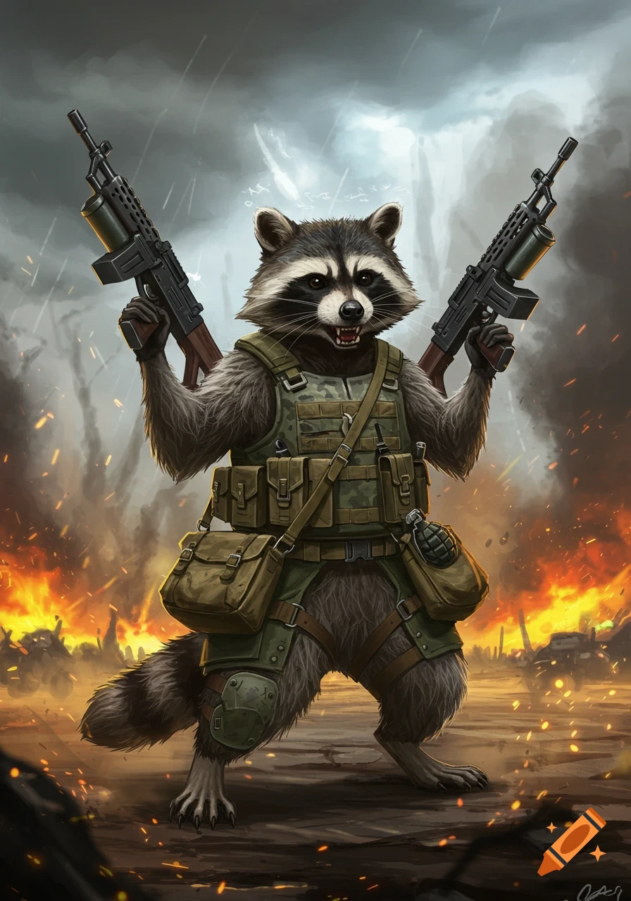 A fierce anthropomorphic raccoon in military gear holds two machine guns against a fiery, war-torn background, digital art.