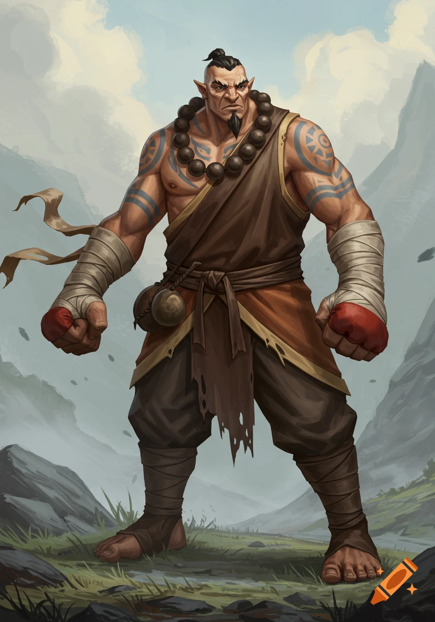 A muscular fantasy goliath monk with blue tattoos and prayer beads, wearing wrapped hands and a brown tunic, stands in a misty mountain landscape.