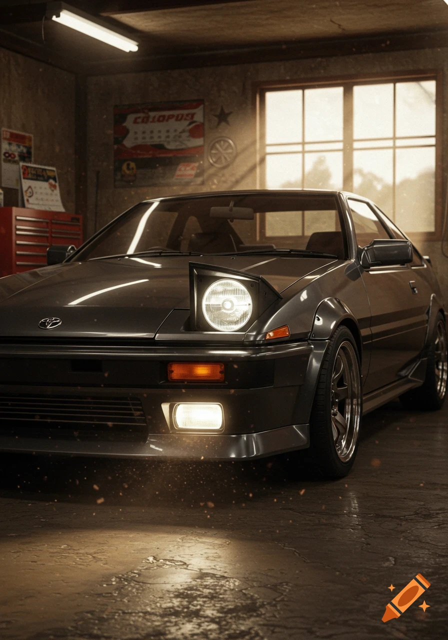 A dark gray classic sports car with pop-up headlights sits in a dimly lit garage, bathed in light from a window.