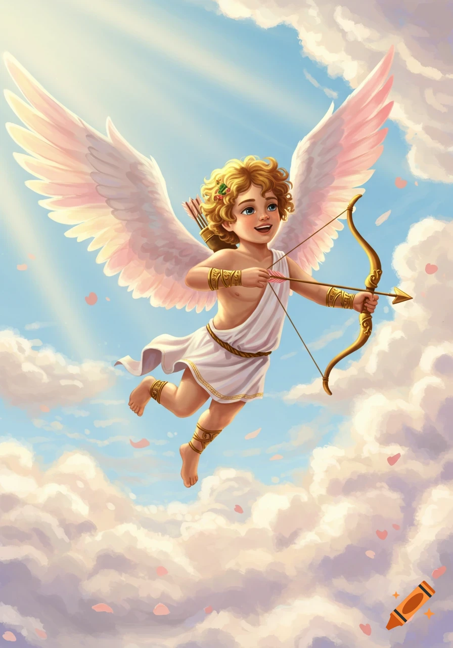 A cheerful, curly-haired Cupid boy with wings and a toga flies through a bright blue sky filled with clouds, holding a bow and arrow.