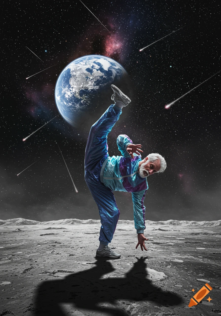 An old man in a shiny blue and purple tracksuit breakdancing on the moon, with Earth and shooting stars in the space background.