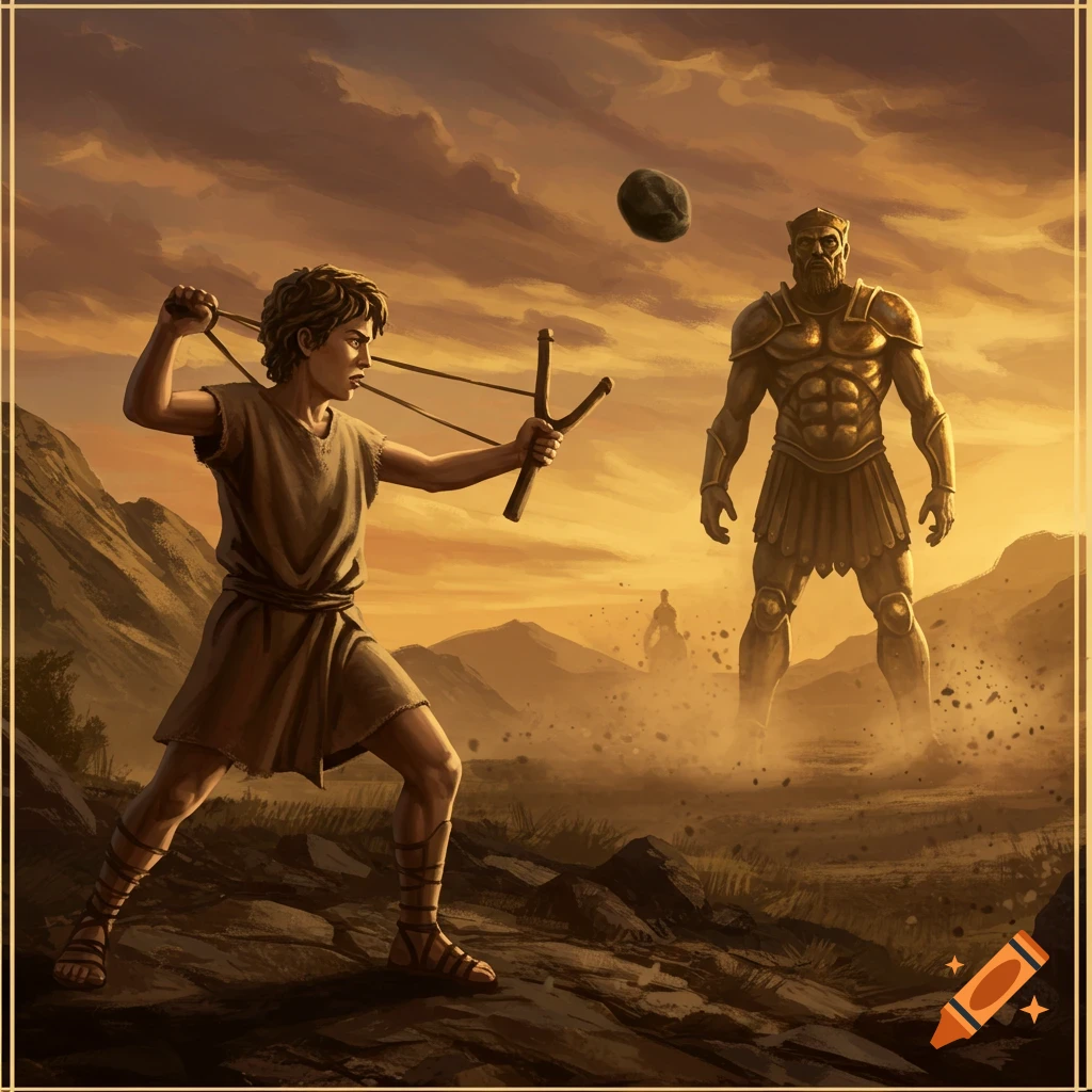 An illustration of young David aiming a slingshot at a towering armored Goliath in a barren, sunset landscape, with a rock mid-air.