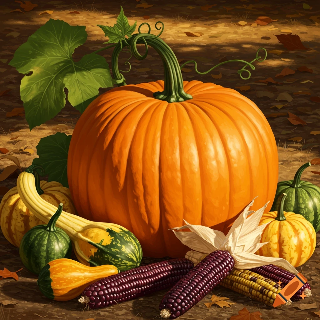 A large orange pumpkin, smaller gourds, and colorful Indian corn on the ground with fall leaves, digitally painted.