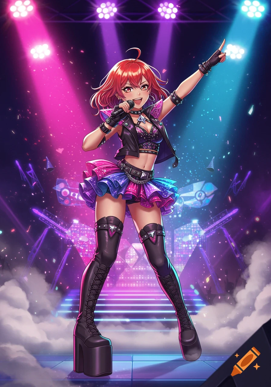 An anime idol girl with red hair, dressed in a black top, short skirt, and platform boots, sings on a vibrant stage under pink and blue spotlights.