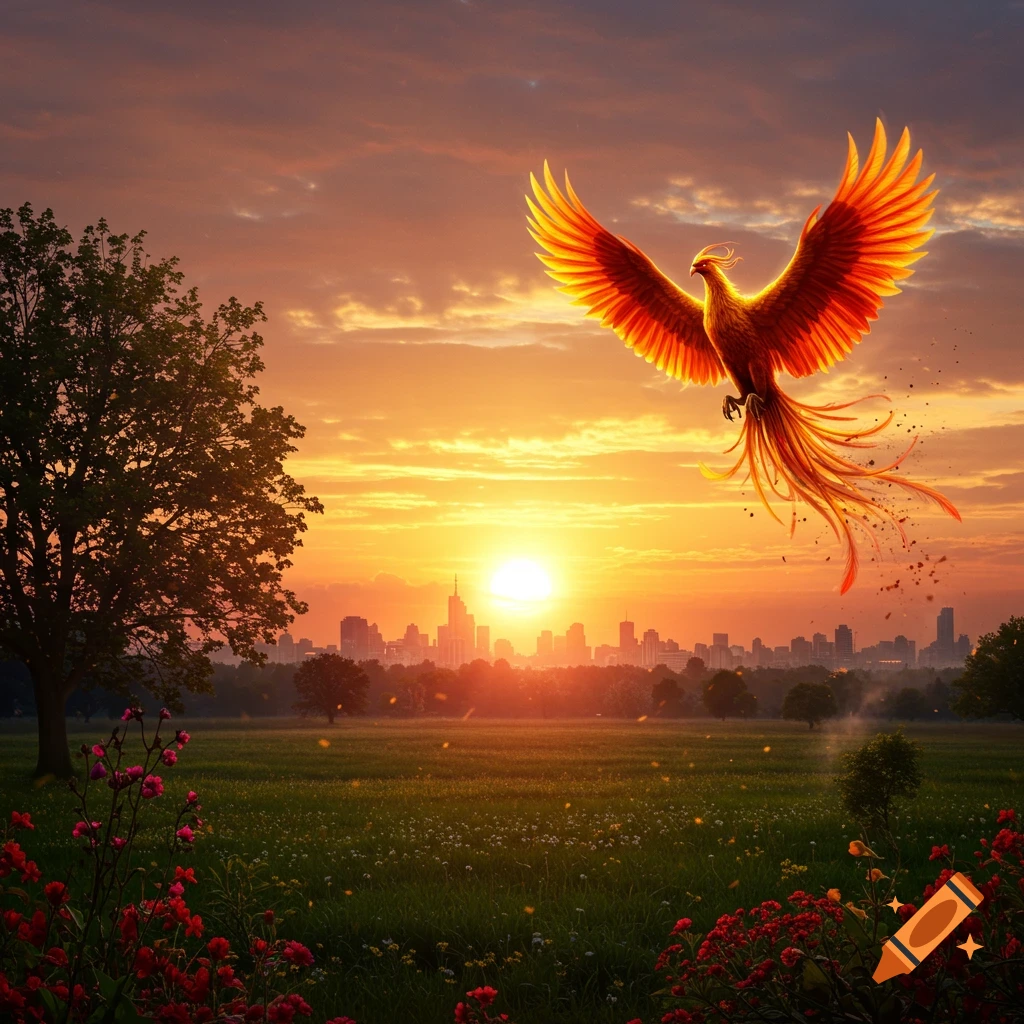 A fiery phoenix with large, glowing wings soars over a city skyline at sunset, above a green meadow with flowers.