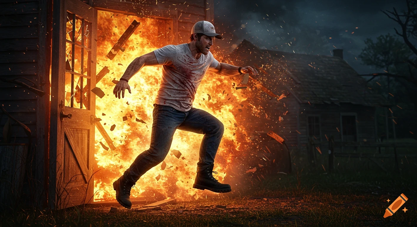 A man in a baseball cap and jeans, covered in dirt and blood, runs dramatically through an exploding door of a burning farmhouse, set at dusk. Cinematic style.