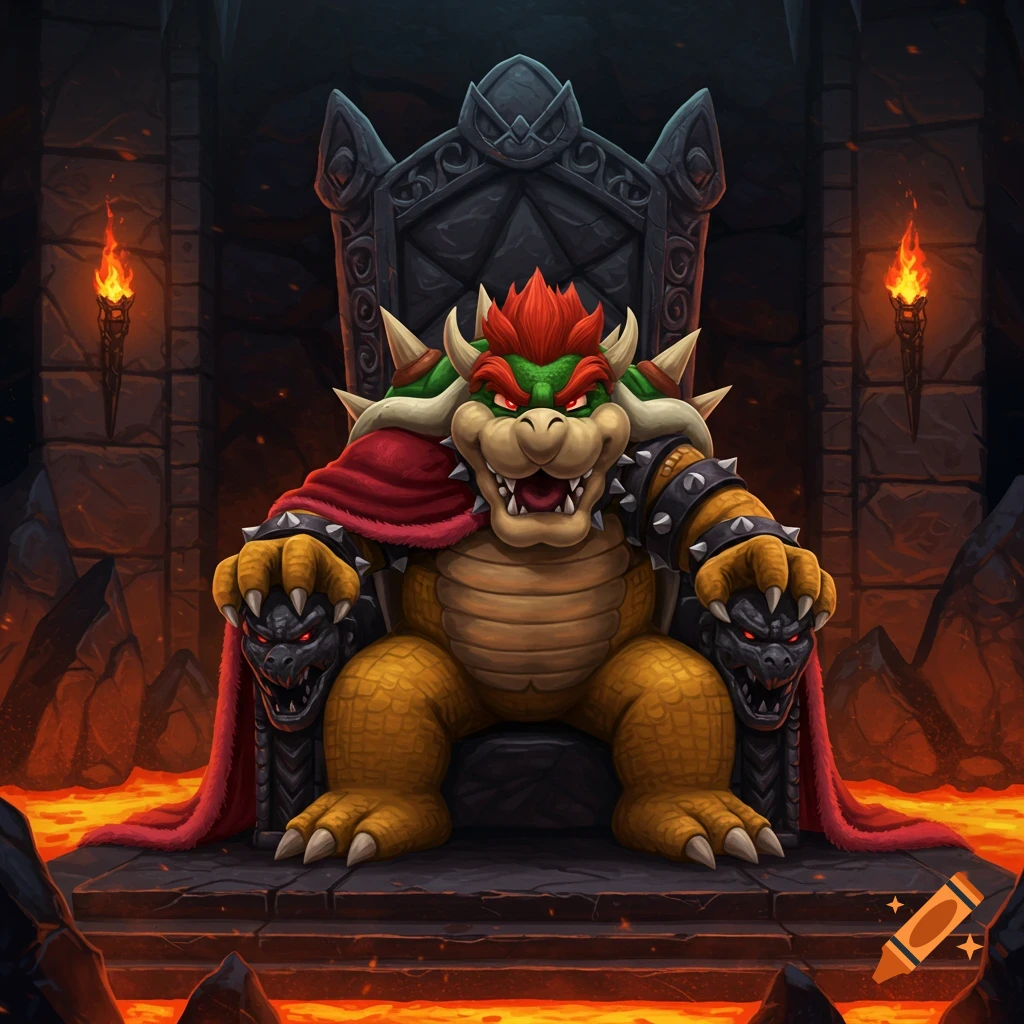 Bowser, the formidable turtle-like villain, sits menacingly on a stone throne in a dark, fiery castle surrounded by lava.