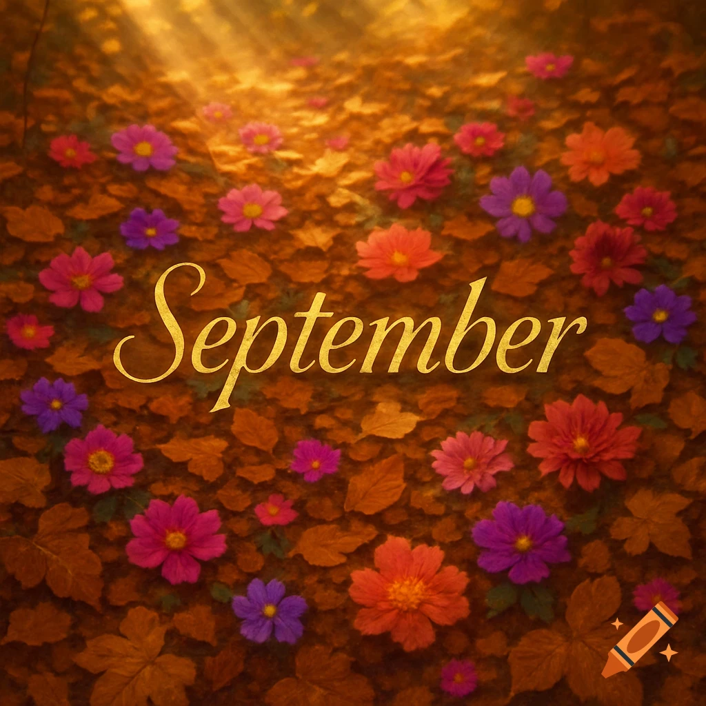 Golden 'September' text on a background of autumn leaves and colorful pink, purple, and red flowers.