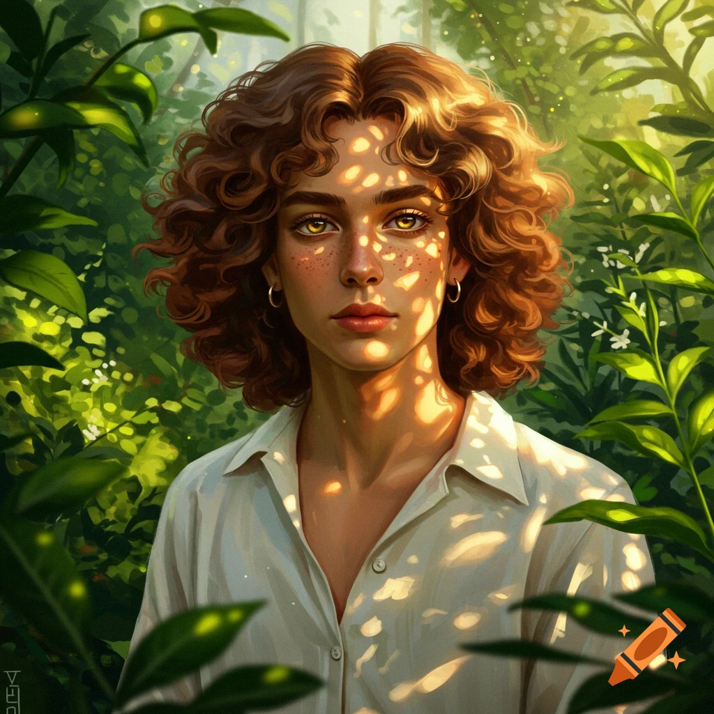 A digital painting of a person with curly brown hair, freckles, and yellow eyes looking forward, dappled in sunlight amidst lush green foliage.