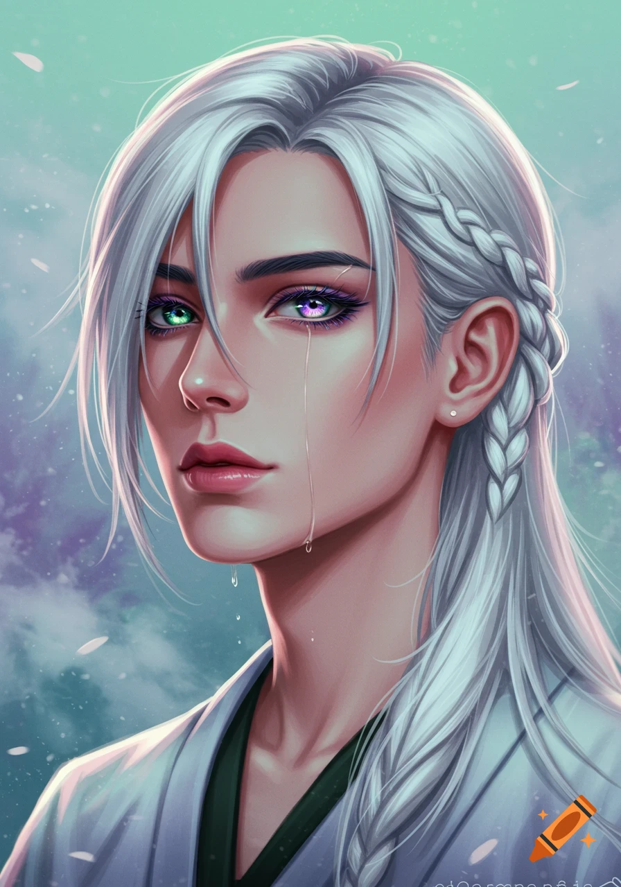 An anime-style portrait of a young male with long silver hair, heterochromatic purple and emerald eyes, shedding a tear.