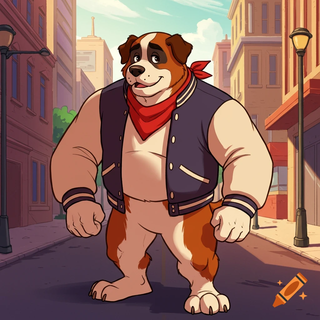 A muscular anthropomorphic St. Bernard dog in a blue letterman jacket and red bandana stands on a city street, cartoon style.