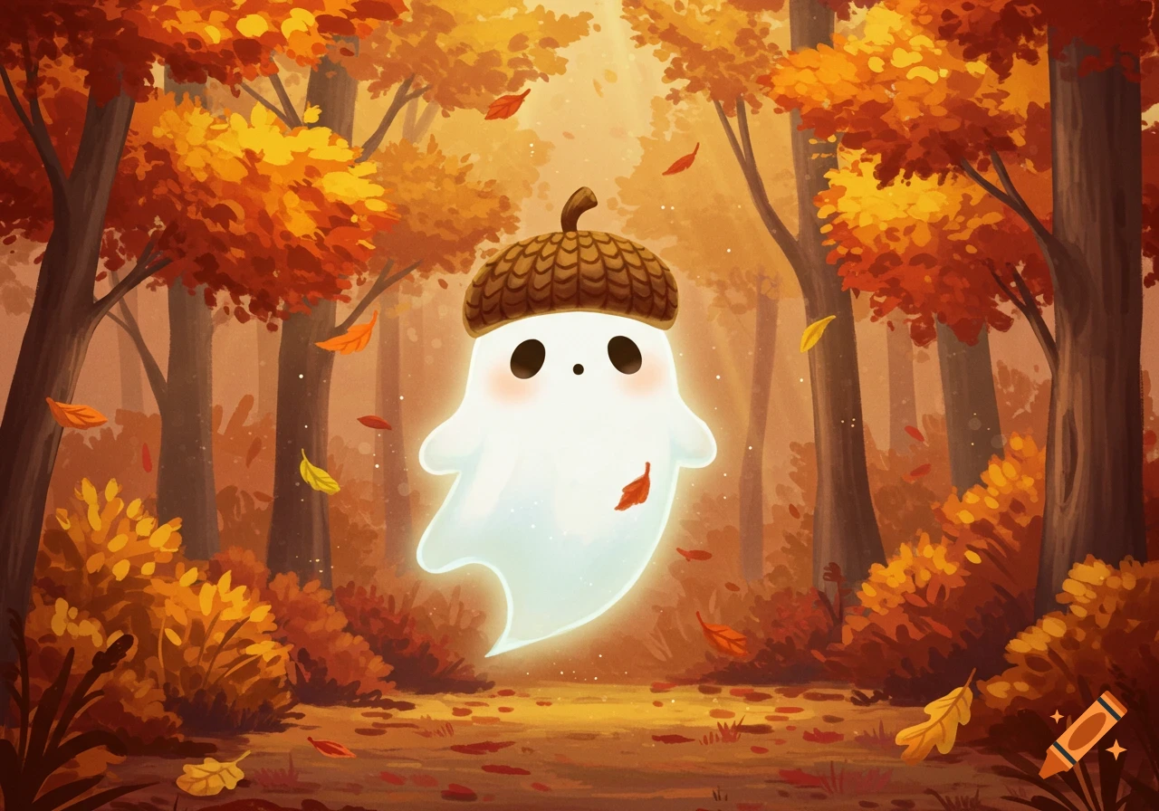A cute, glowing ghost wearing an acorn hat floats in a vibrant autumn forest with orange and yellow trees and falling leaves, in a whimsical illustration style.