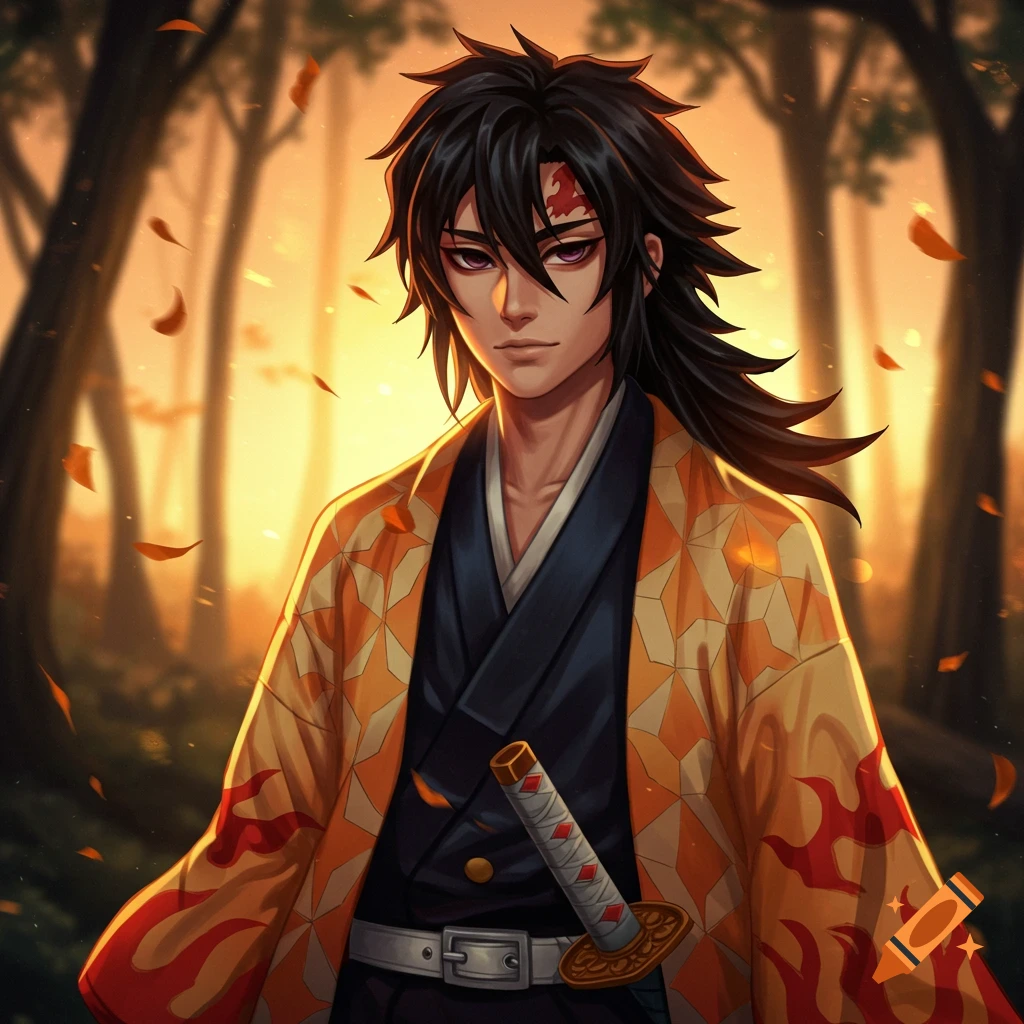 Anime man with black hair and a red forehead mark, wearing an orange and yellow kimono with a sword, in a sunset forest.