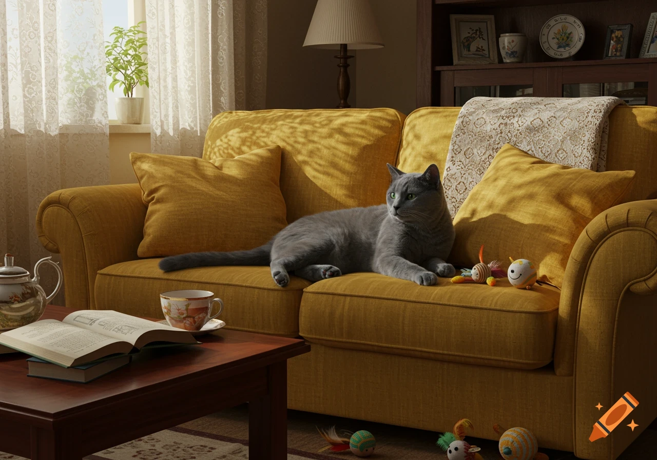 A grey cat relaxes on a yellow sofa in a sunlit living room with an open book and teapot on a coffee table.