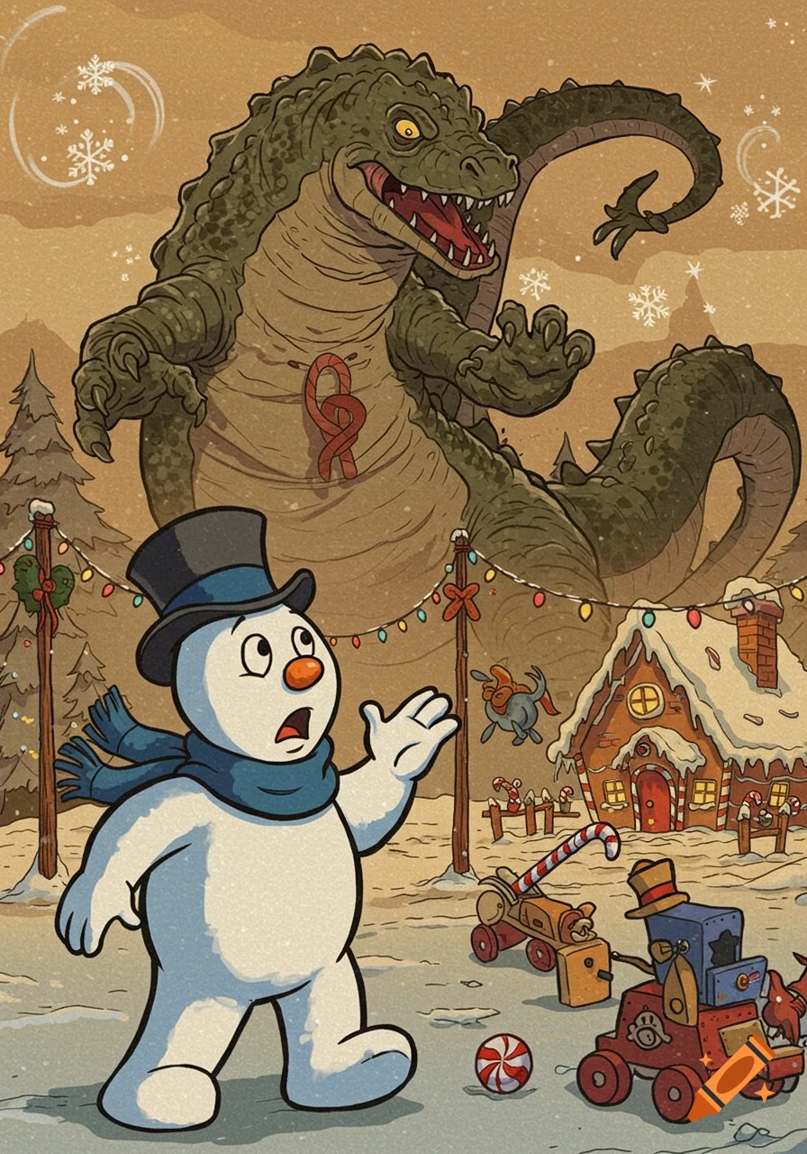 A vintage cartoon shows a surprised snowman looking at a giant green reptilian monster attacking a snowy Christmas town with a gingerbread house.