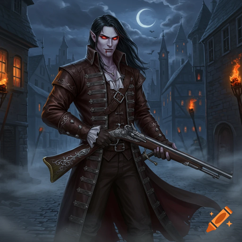 A dark fantasy vampire-like character with red eyes, long black hair, and a brown coat, holding a musket on a cobbled street at night.