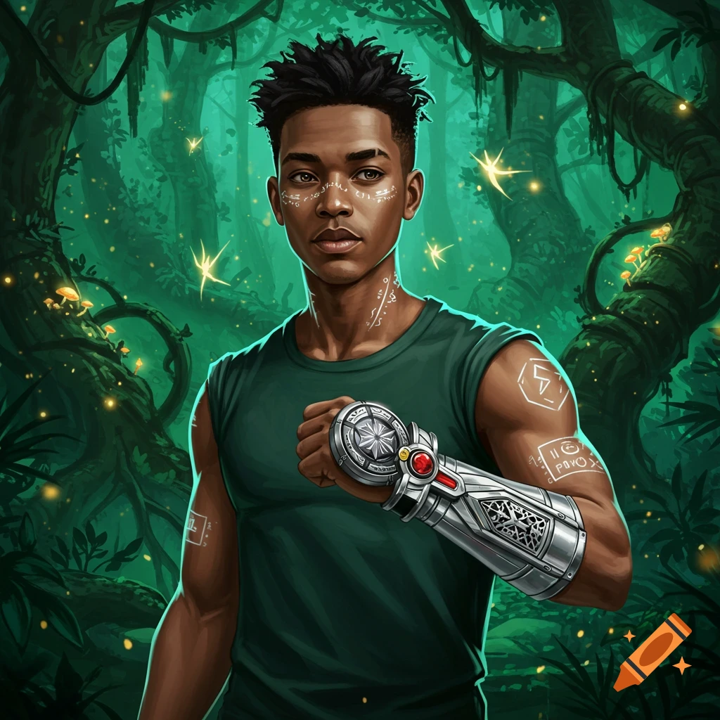 Digital art of a young Black man with tribal markings and a silver gauntlet in a glowing, lush green jungle.