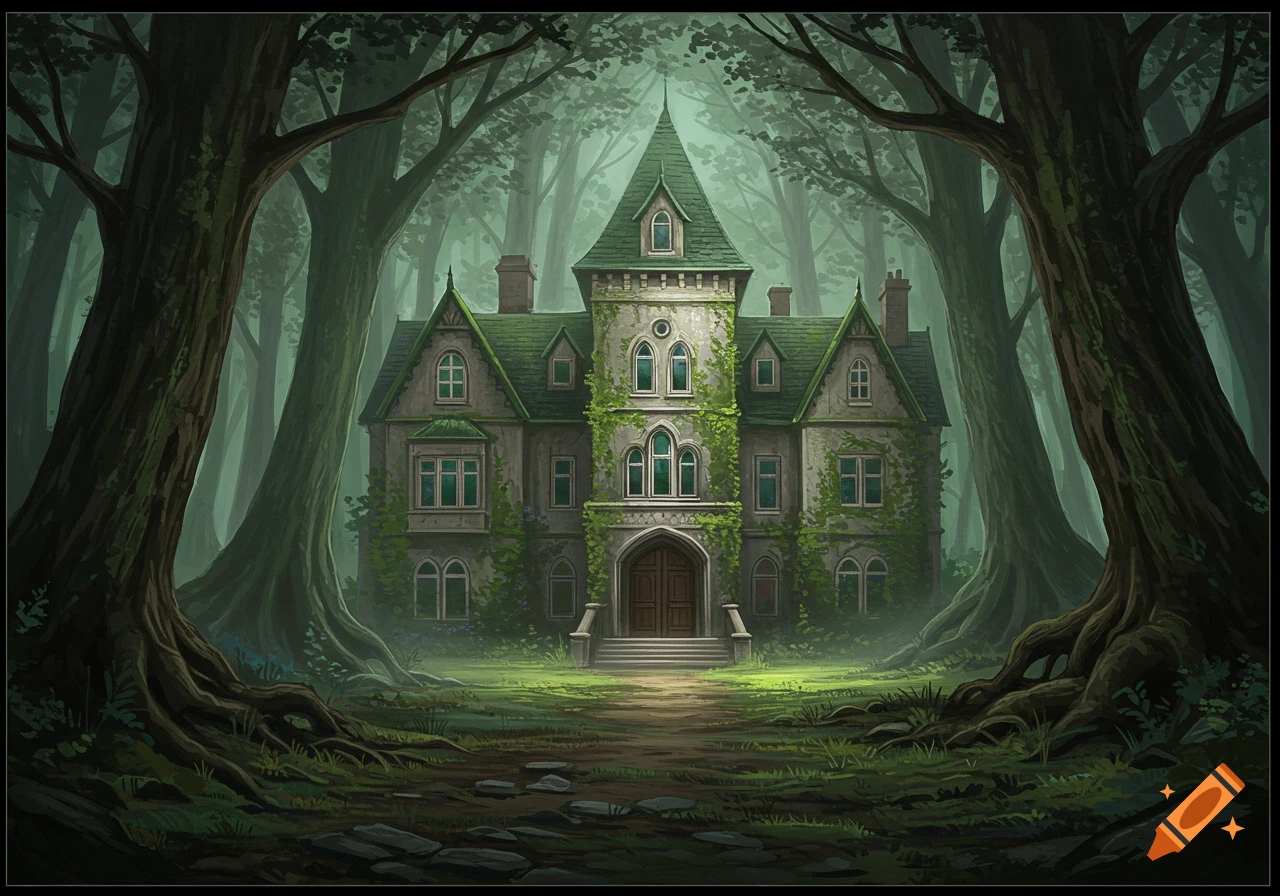 An old, moss-covered mansion with green roofs in a misty, dark forest with tall trees and exposed roots, in a fantasy art style.