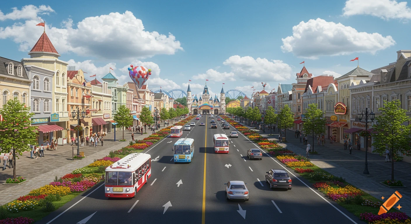 An ultra-wide boulevard in an amusement park, flanked by colorful European-style buildings and flower beds, with cars and cartoon-themed buses.