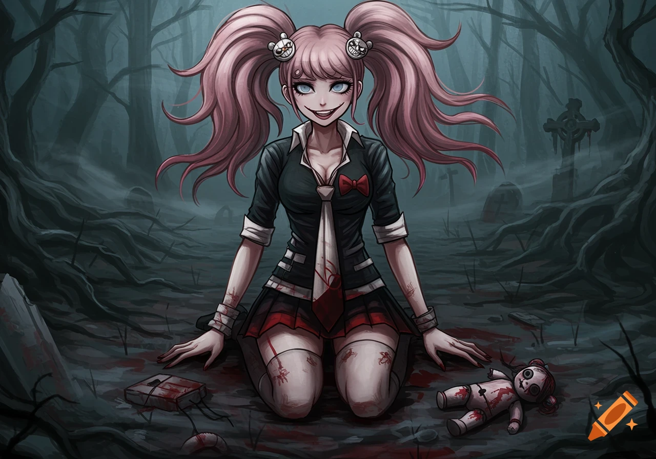 Junko Enoshima with pink pigtails, smiling maniacally while kneeling on bloody ground in a dark, misty forest with gravestones.