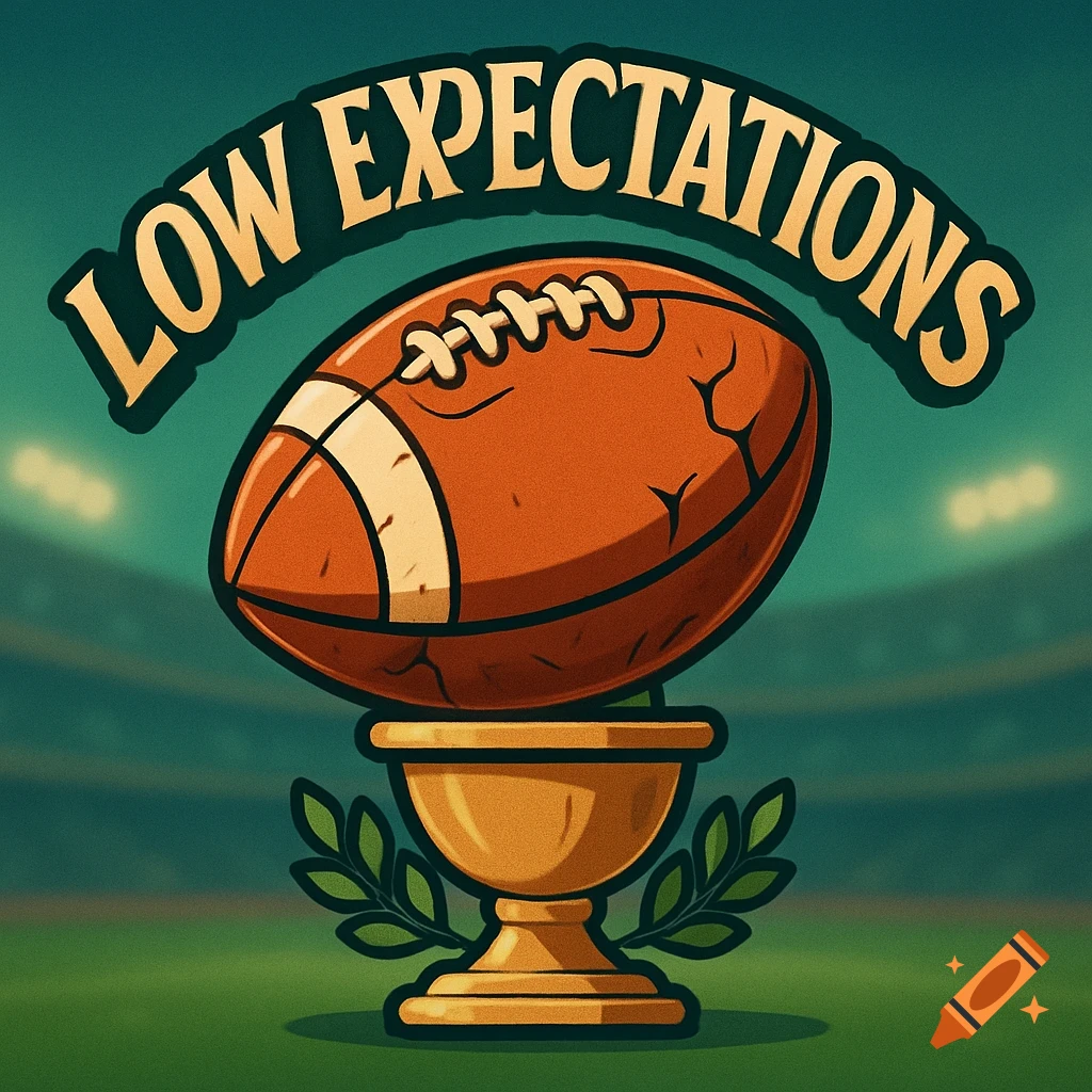 A cartoon logo for 'Low Expectations' fantasy football team, featuring a football on a golden trophy with a stadium background.