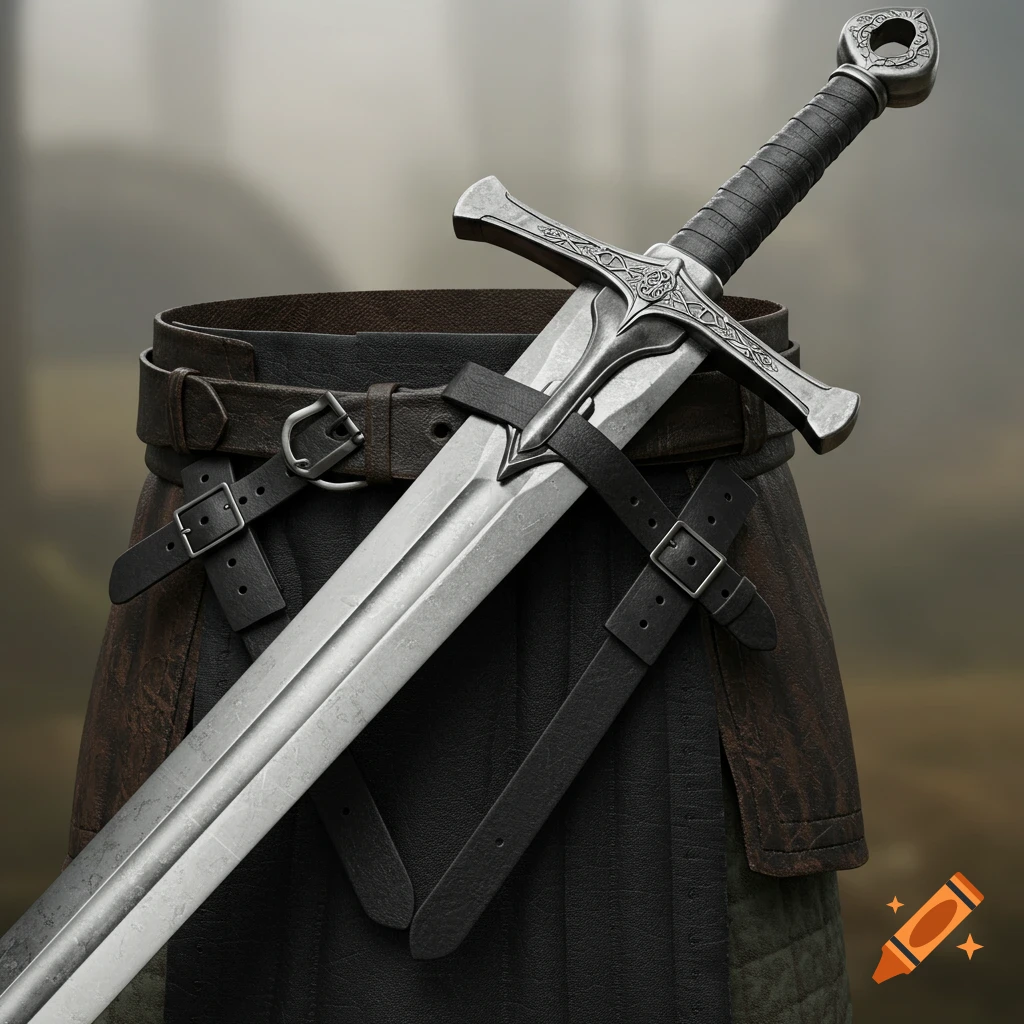 Photorealistic close-up of a medieval two-handed sword with an ornate hilt, strapped to a leather belt.