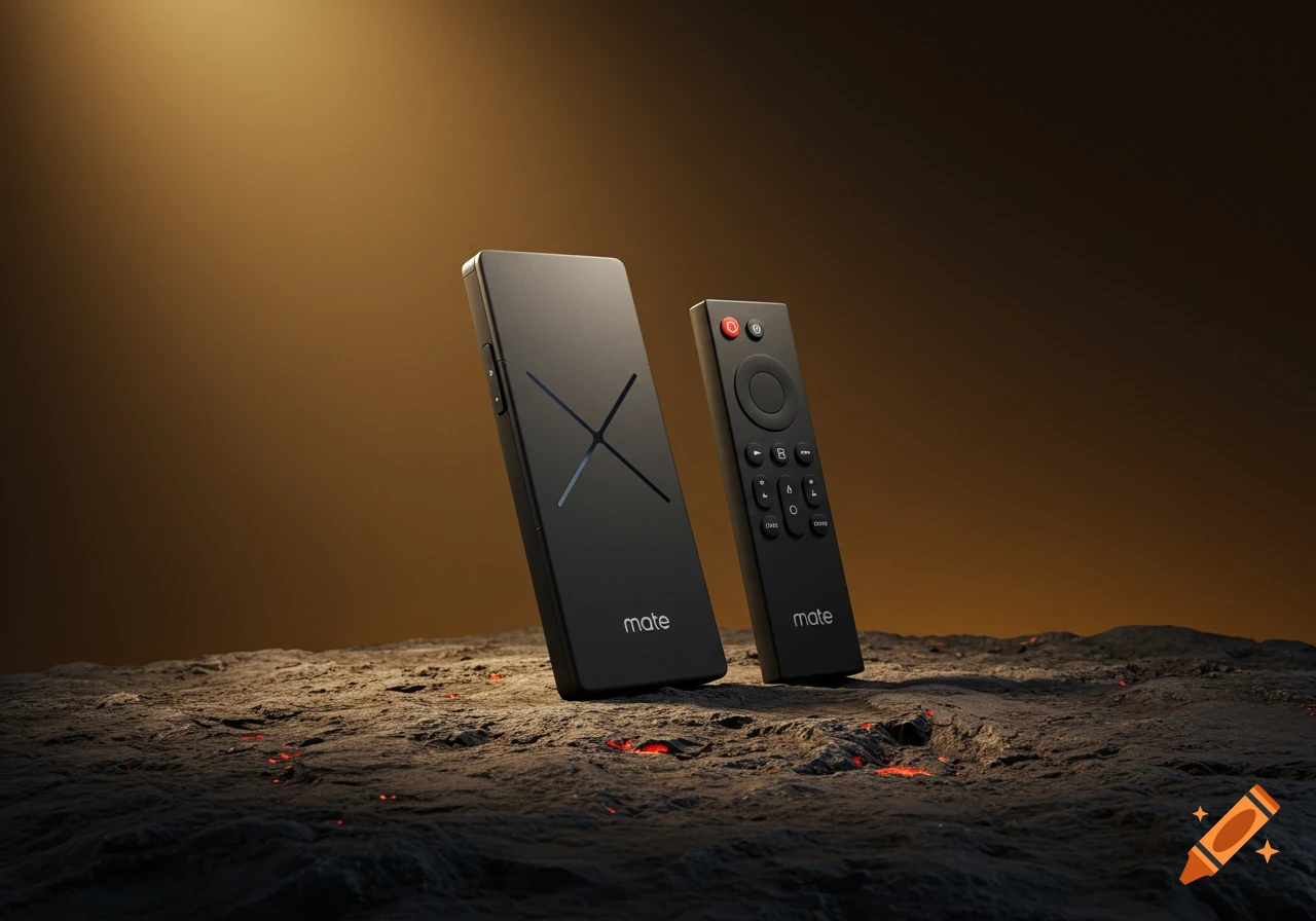 A black media stick and remote control with 'mate' logo standing on a dark, textured volcanic rock surface under dramatic lighting.