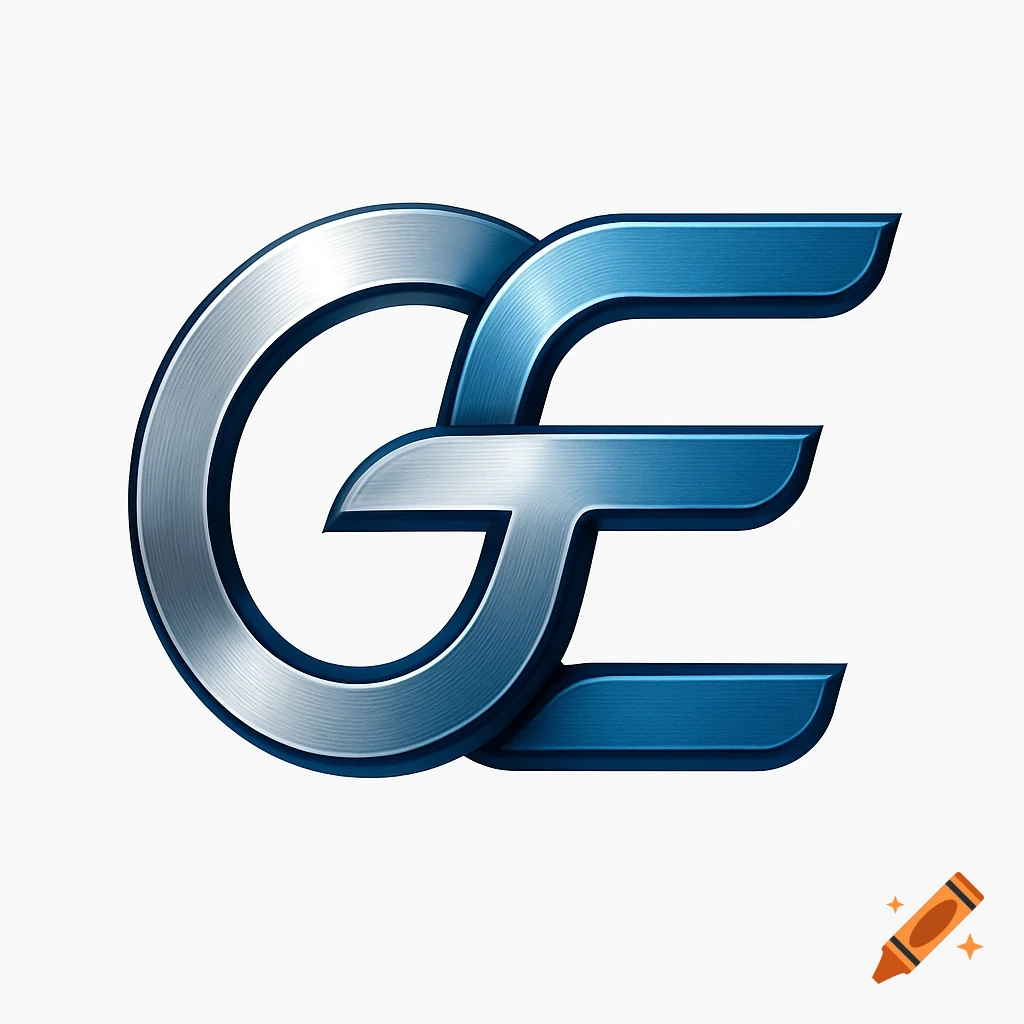 A shiny metallic and blue logo formed by intertwined letters G and E on a white background.
