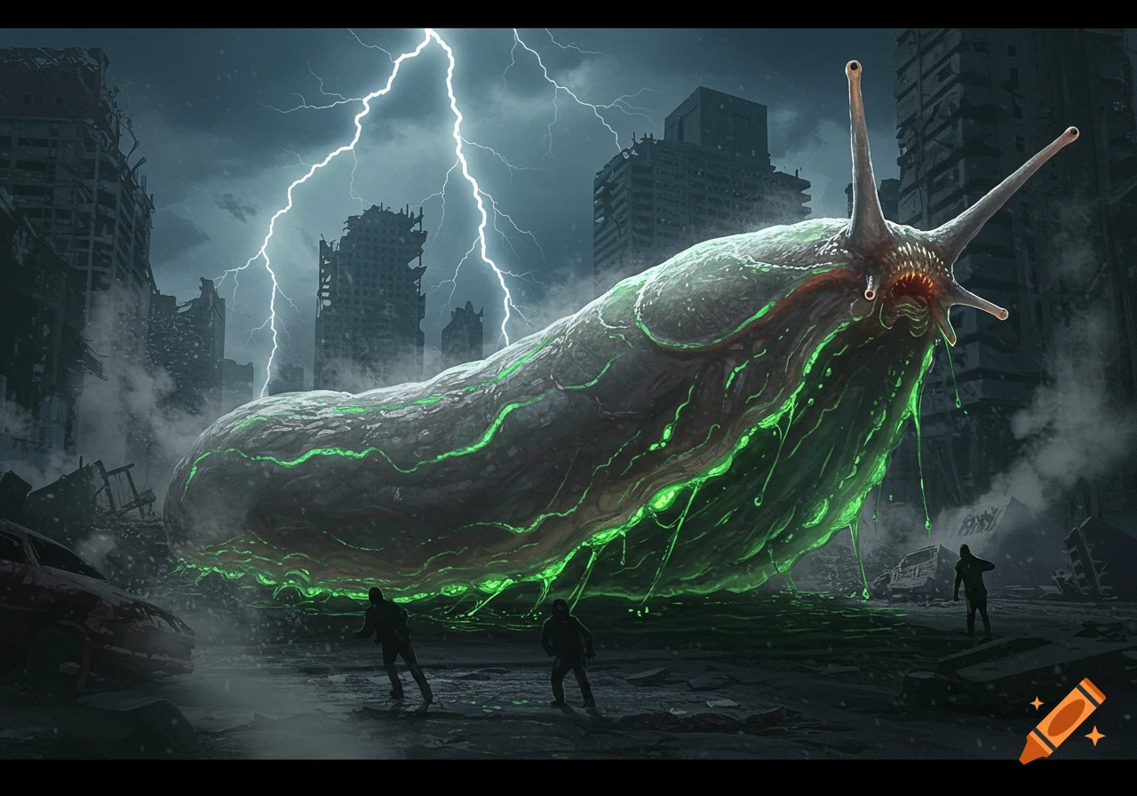 A giant, monstrous slug with glowing green slime oozes through a ruined city under a stormy sky with lightning, as tiny figures flee.